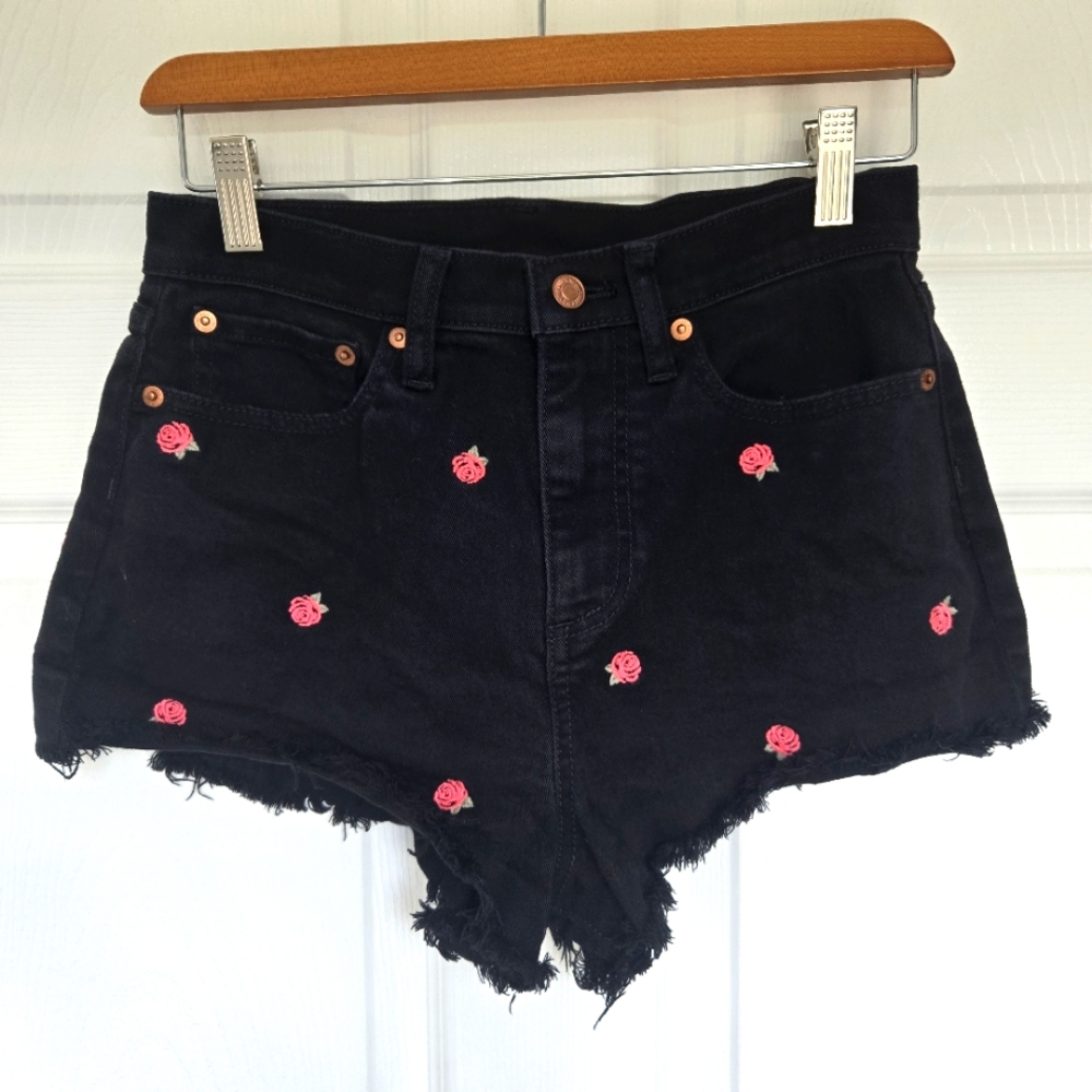 PINK VS Shorts 6 Y2k Summer Rose Flower Print Black Denim Hot Pants Cut Off